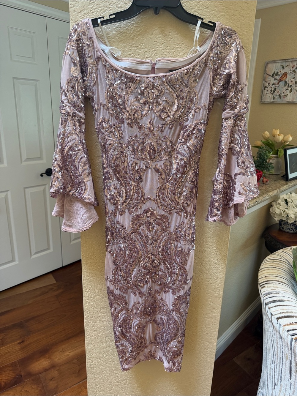 Betsy & Adam Rose Gold Sequin Bell-Sleeve Evening Dress off shoulder